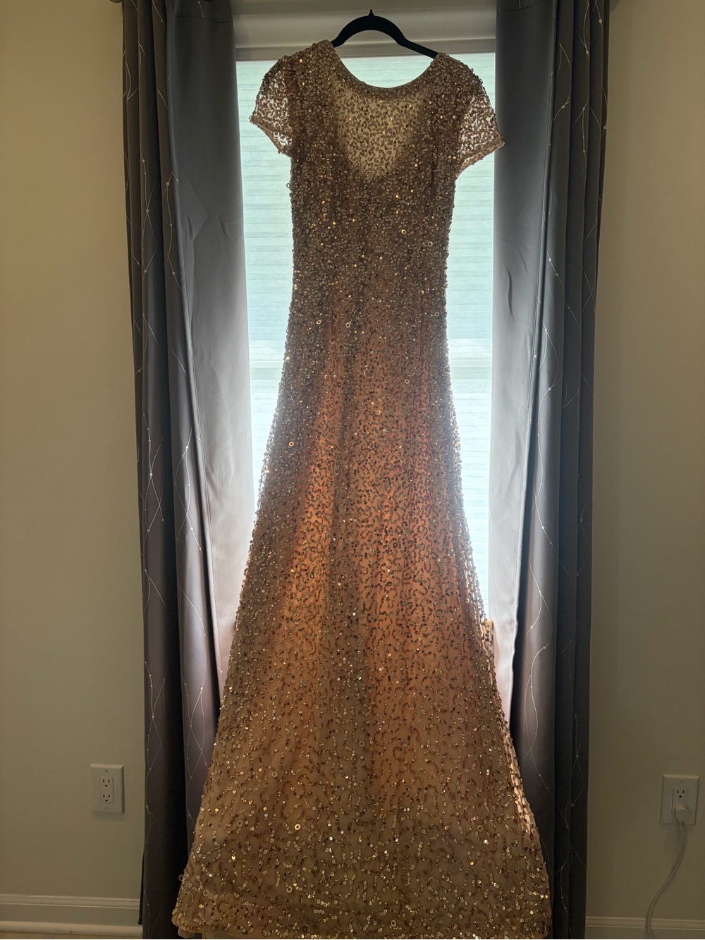 Adrianna Papell Gold Sequin Short-Sleeve Maxi Gown